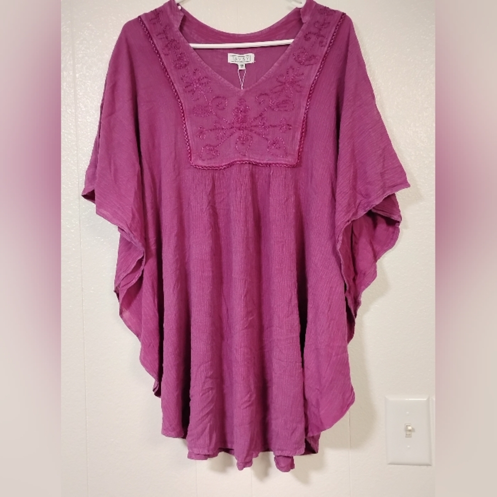 tamsy womens size one size blouse tunic v neck embroidered Batwing magenta rayon